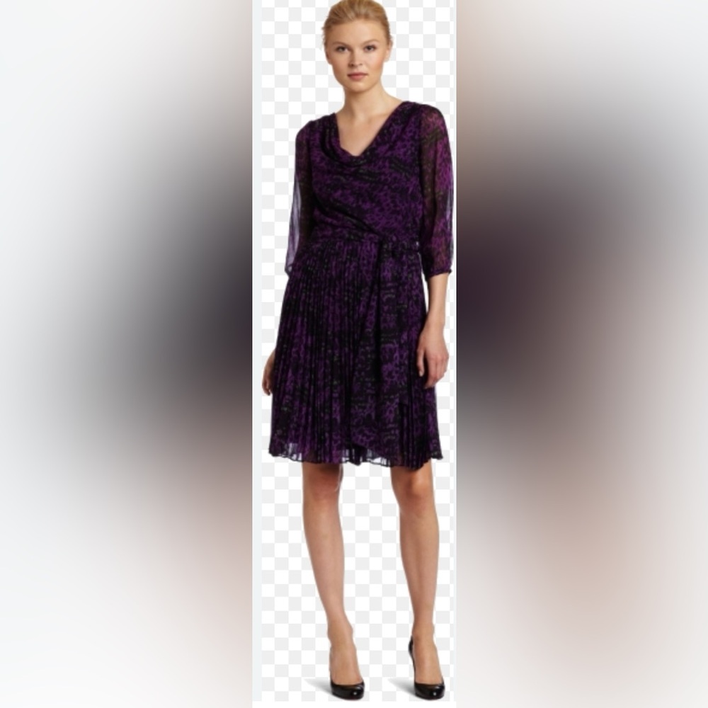 Halston Heritage Sz 8 100% Silk Plum Colored Graphic Vintage Pleated Dress - Picture 5 of 15